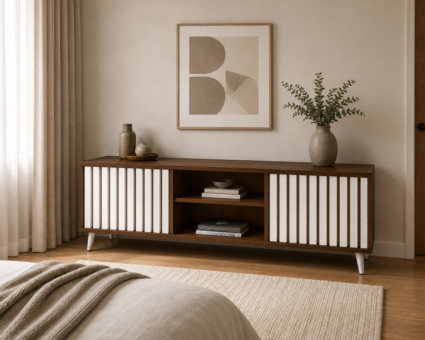 Spacivo Modern TV Unit with Fluted Dual Doors & Open Center Shelf