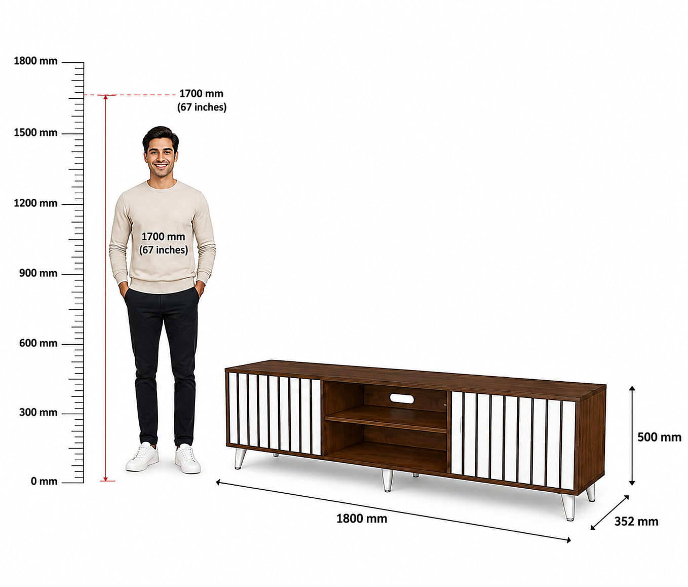 Spacivo Modern TV Unit with Fluted Dual Doors & Open Center Shelf