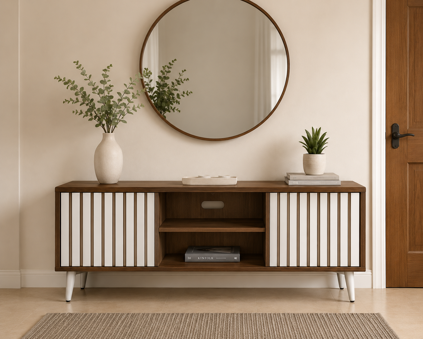 Spacivo Modern TV Unit with Fluted Dual Doors & Open Center Shelf