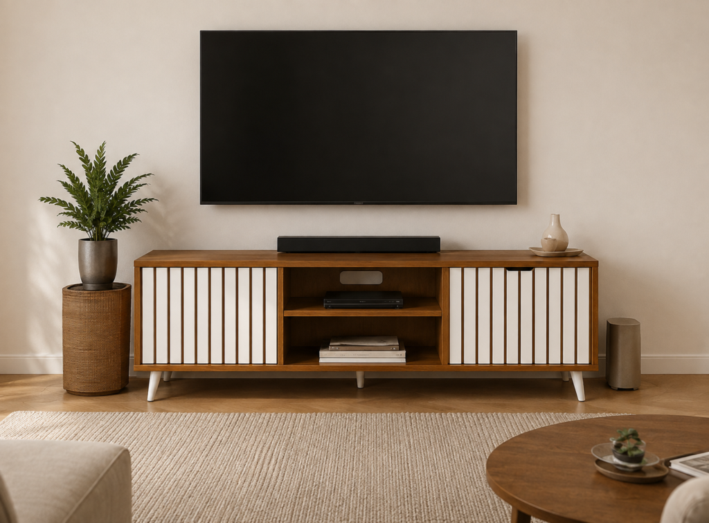 Modern floor standing TV unit with fluted side doors, center open shelves, drawer, natural wood and white finish.