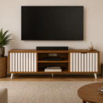 Modern floor standing TV unit with fluted side doors, center open shelves, drawer, natural wood and white finish.